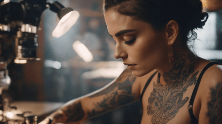 Tattoo artist making tattoo on female body